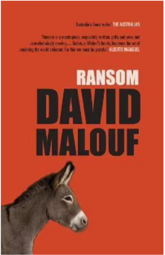 Book cover for 'Ransom' by David Malouf with a donkey illustration on an orange background.