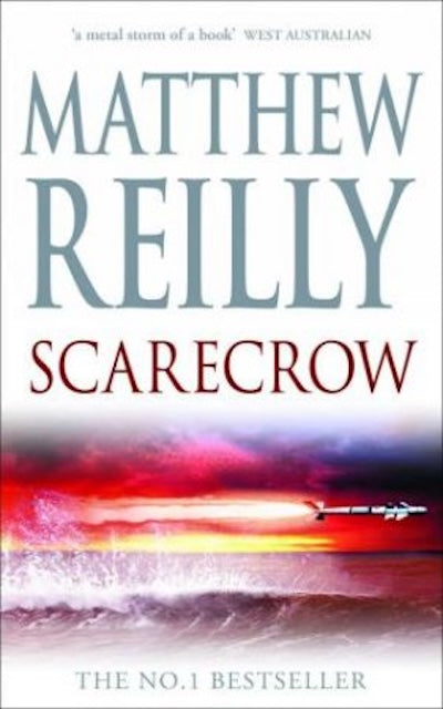 Book cover of 'Scarecrow' by Matthew Reilly with a colorful sky and a rocket in the background.