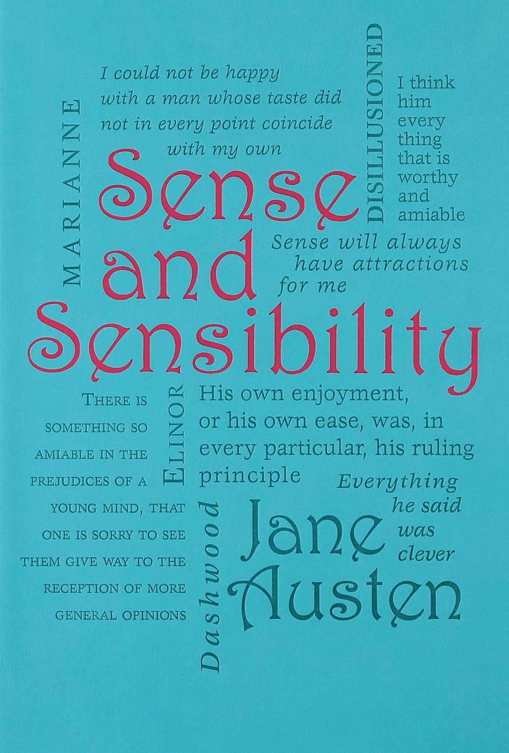 Book cover of 'Sense and Sensibility' by Jane Austen with text in various fonts and colors on a blue background.