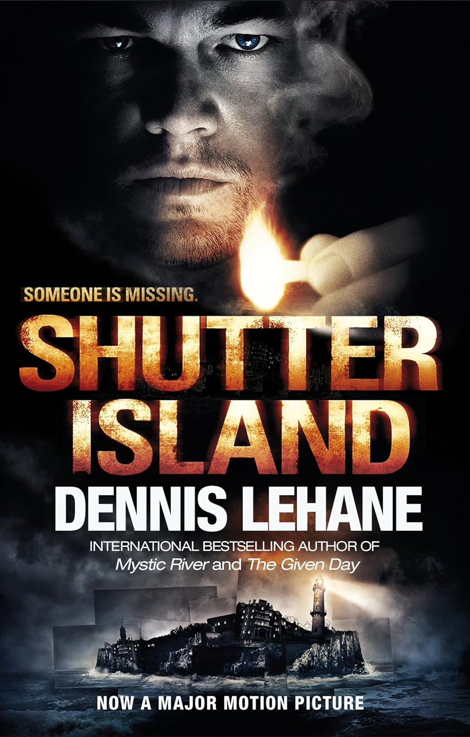Book cover of 'Shutter Island' by Dennis Lehane with a lit match and dark background.