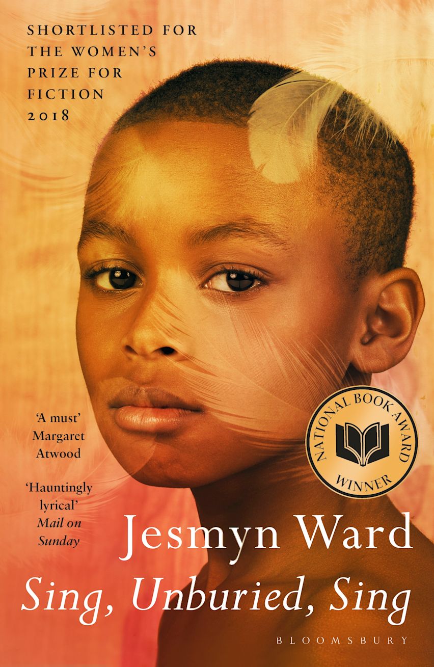 Book cover for 'Sing, Unburied, Sing' by Jesmyn Ward featuring the picture of a child over an orange/yellow background.