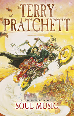 Book cover of 'Soul Music' by Terry Pratchett featuring a fantasy scene with a skeleton on a motorcycle.
