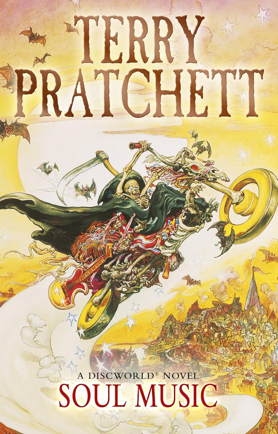 Book cover of 'Soul Music' by Terry Pratchett featuring a fantasy scene with a skeleton on a motorcycle.