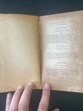 Load image into Gallery viewer, Strait is the Gate by Andre Gide: photo of the last page and the inside of the back cover which have both discoloured considerably. The page is also starting to come unstuck from the spine at the top.
