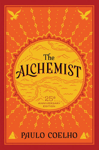 Book cover of 'The Alchemist' by Paulo Coelho with an orange background and yellow text.