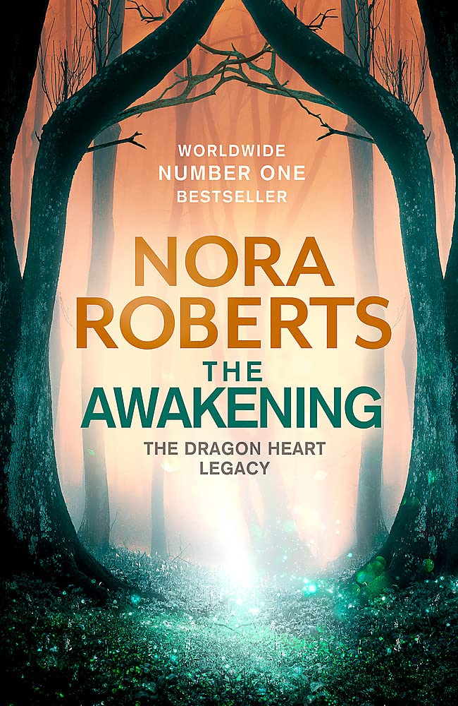 Book cover for 'The Awakening' by Nora Roberts with a painting of trees in a forest with a white light shining out of the middle.