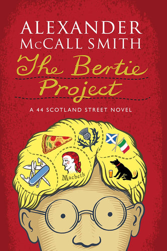 Book cover of 'The Bertie Project' by Alexander McCall Smith with a red background and illustration of a person wearing glasses and a hat with symbols.
