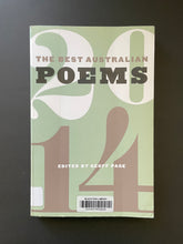 Load image into Gallery viewer, The Best Australian Poems 2014 by Geoff Page: photo of the front cover which shows a fair amount of creasing, two library stickers, scuff marks, and sticky tape.

