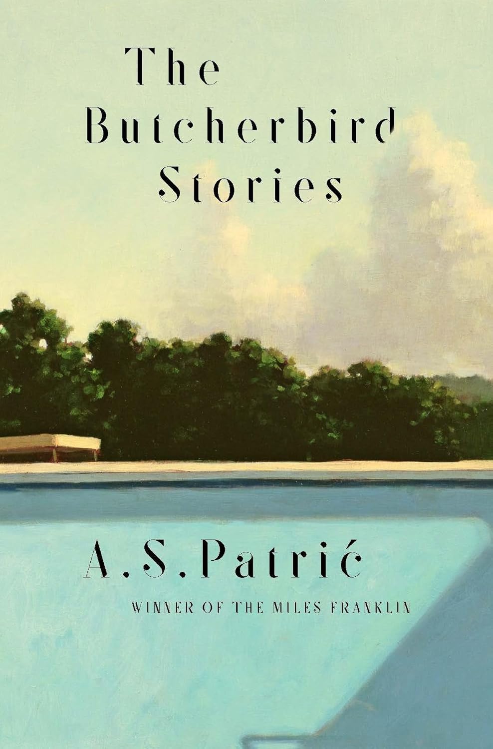Book cover of 'The Butcherbird Stories' by A.S. Patric with a pool and trees in the background.