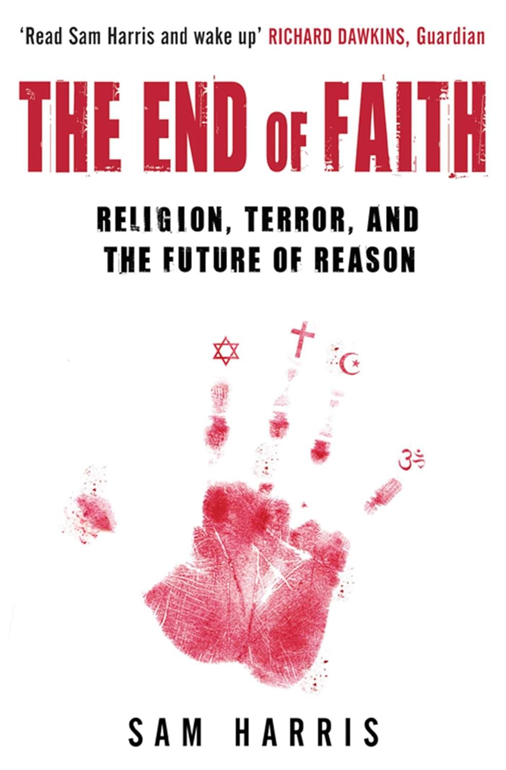 Book cover of 'The End of Faith' by Sam Harris with red text and abstract design.