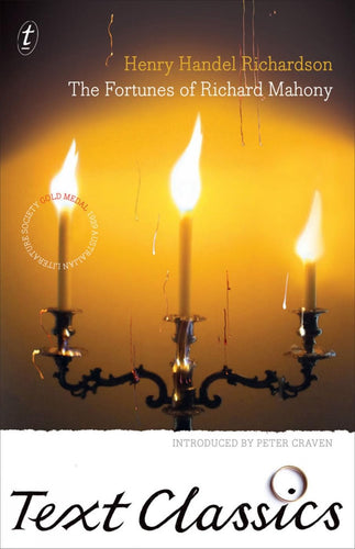 Book cover of 'The Fortunes of Richard Mahony' by Henry Handel Richardson with a chandelier and candles design.