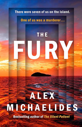Book cover of 'The Fury' by Alex Michaelides with a sunset over water design.