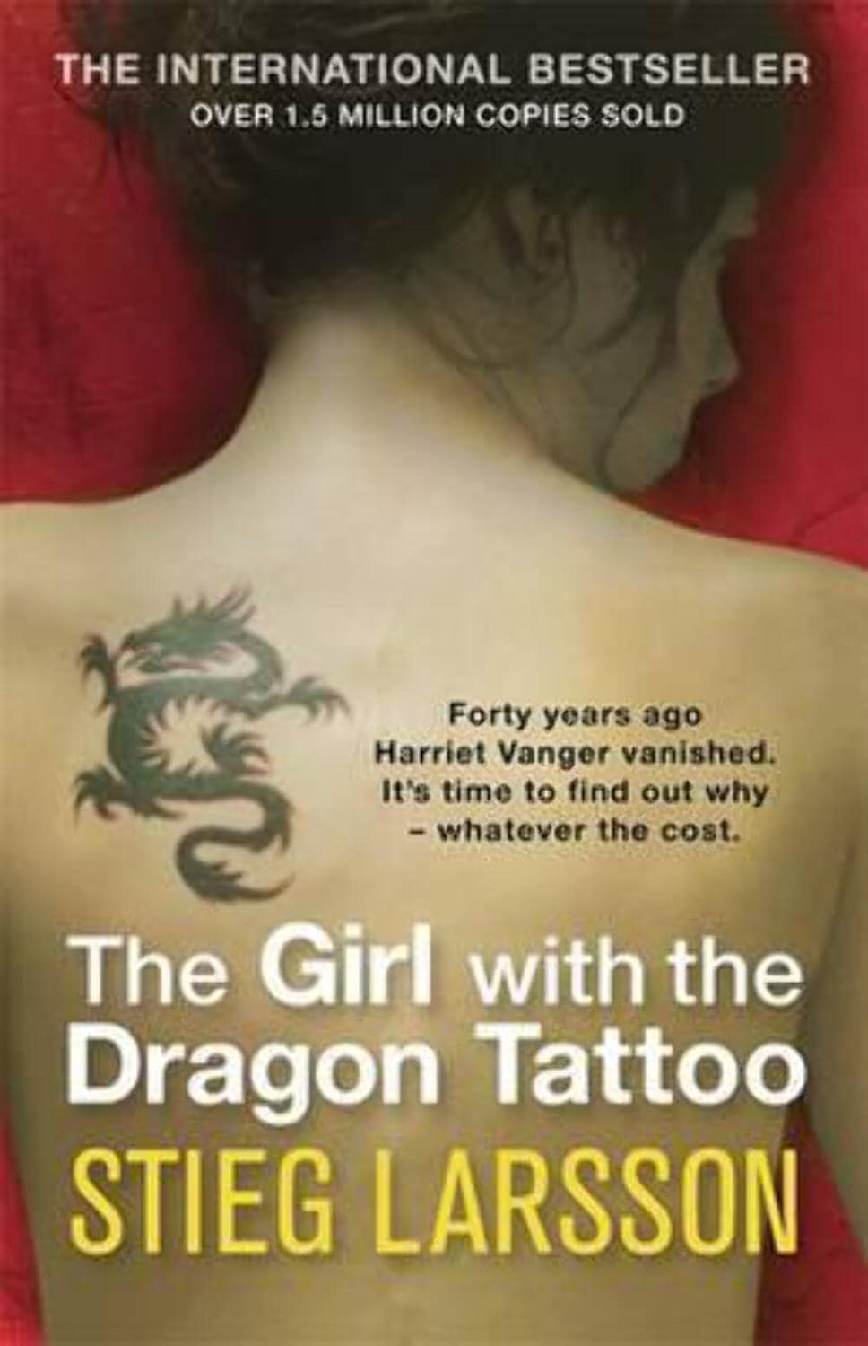 Book cover of 'The Girl with the Dragon Tattoo' by Stieg Larsson, showing a woman with a dragon tattoo on her back.