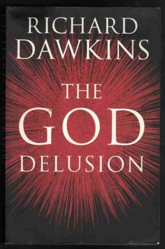 Book cover of 'The God Delusion' by Richard Dawkins with a red and black design.