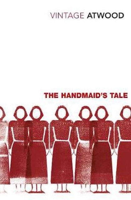 Book cover of 'The Handmaid's Tale' by Margaret Atwood with red dresses and 'Vintage Atwood' text.