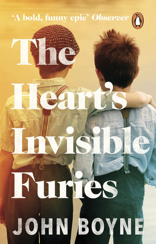 Book cover of 'The Heart's Invisible Furies' by John Boyne with two children embracing against a yellow background.