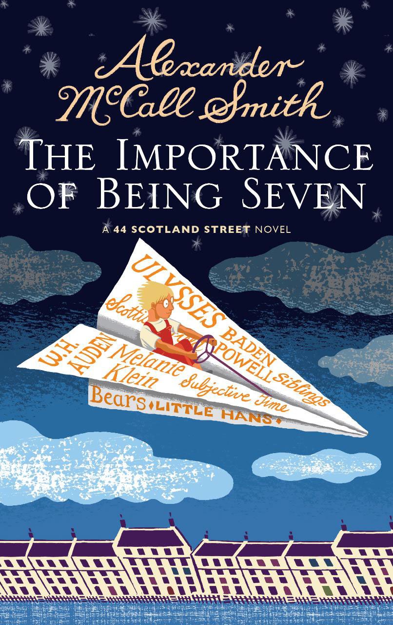 Book cover of 'The Importance of Being Seven' by Alexander McCall Smith with a paper airplane design.