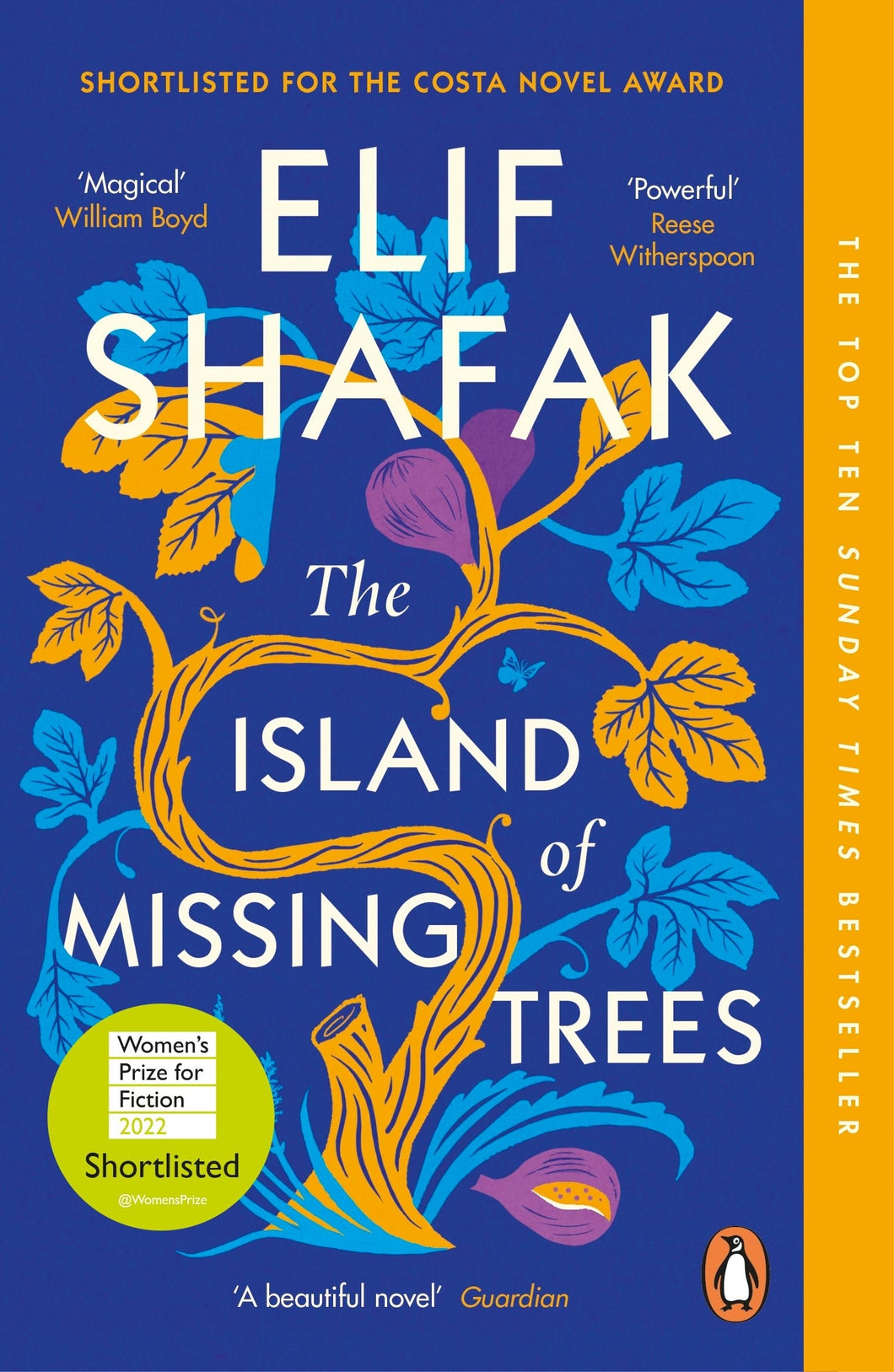 Book cover of 'The Island of Missing Trees' by Elif Shafak with colorful tree design on a blue background.