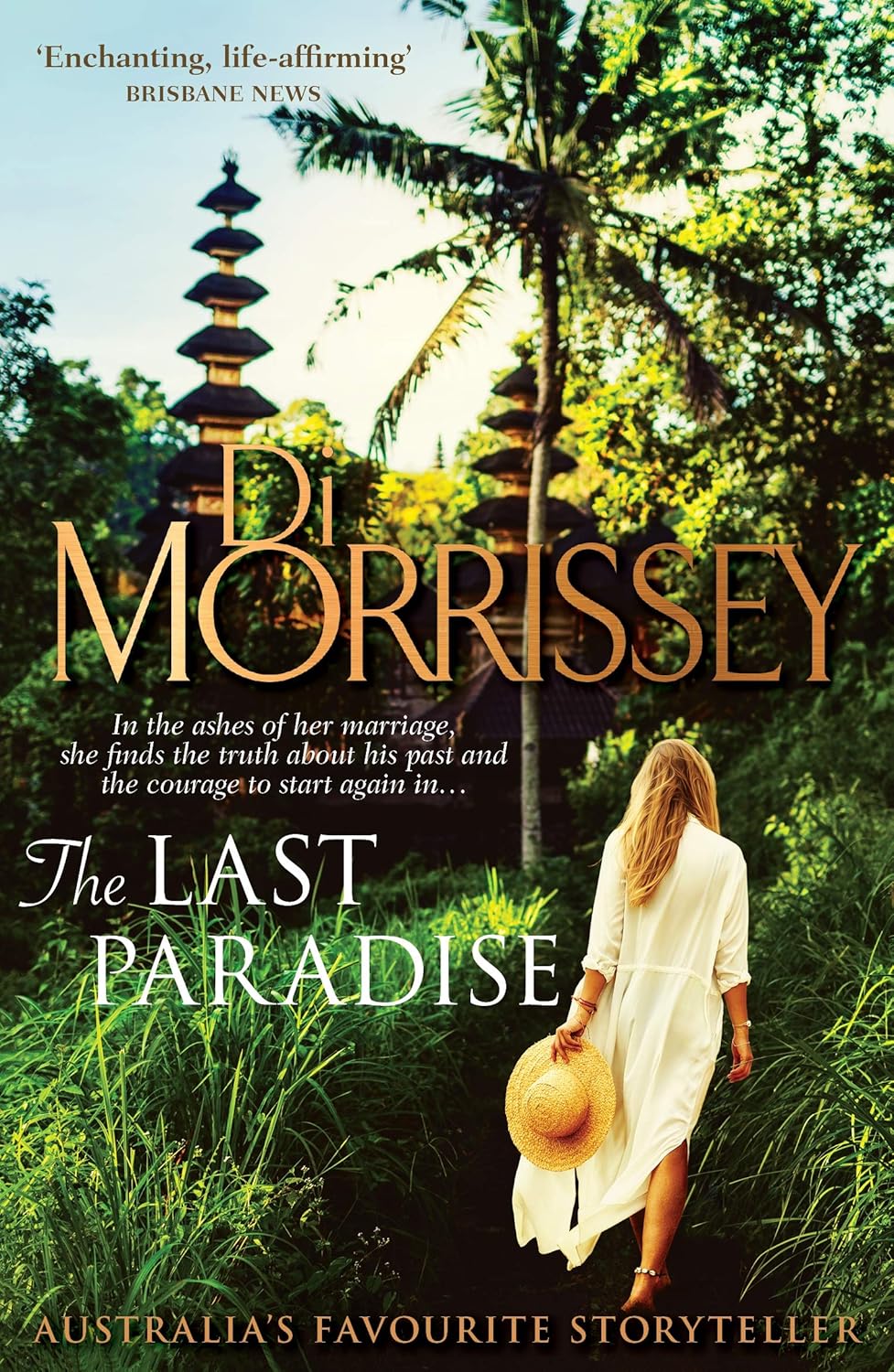 Book cover of 'The Last Paradise' by Di Morrissey with a woman walking through a tropical setting.