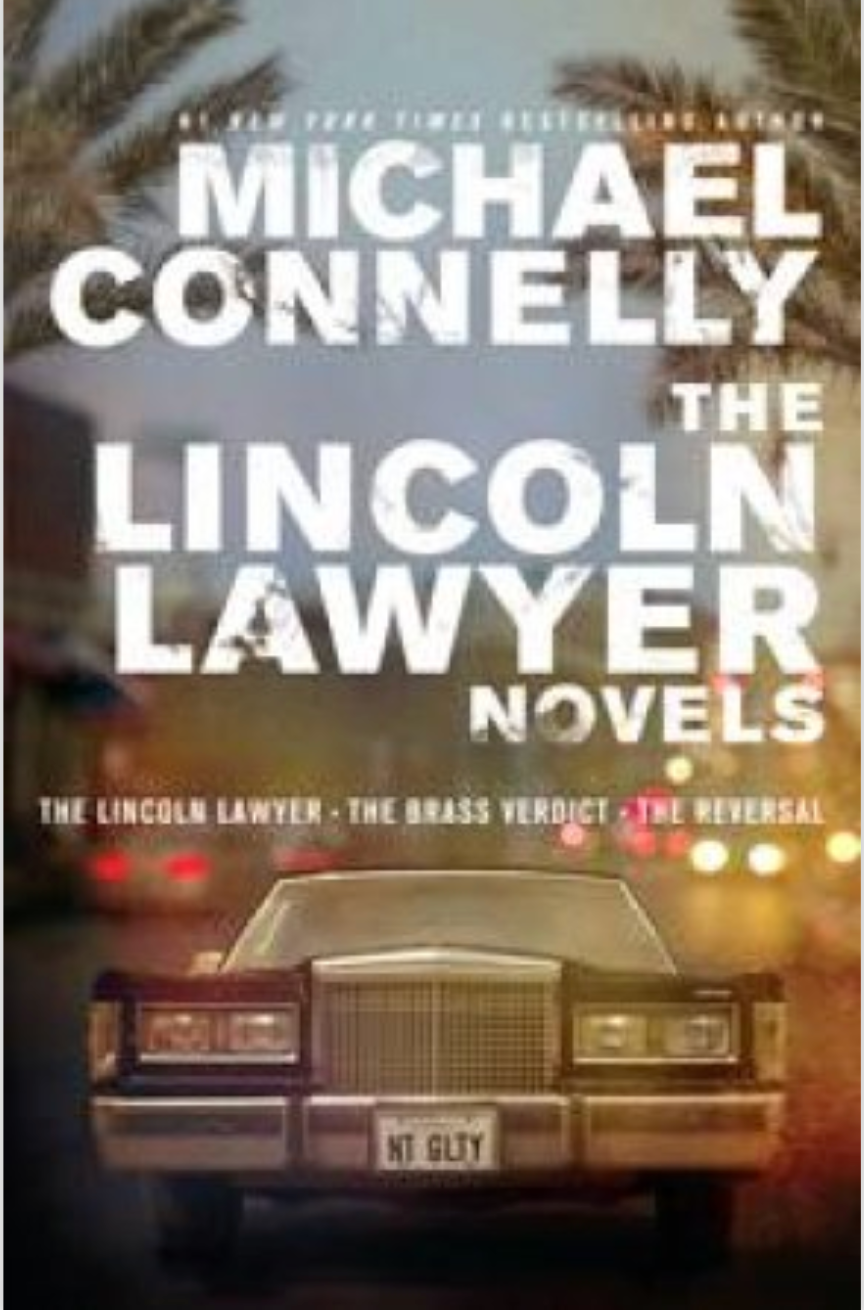 Book cover of 'The Lincoln Lawyer Novels' by Michael Connelly with a vintage car and palm trees in the background.