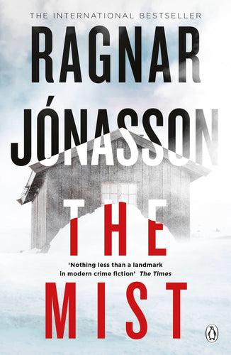 Book cover of 'The Mist' by Ragnar Jönasson with a house silhouette and red text on a white background.