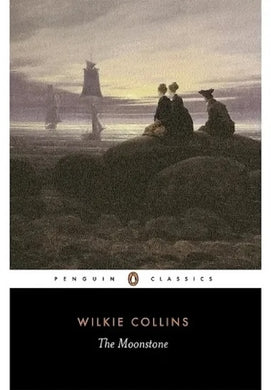 Book cover of 'The Moonstone' by Wilkie Collins featuring a black and white illustration of people on a beach.