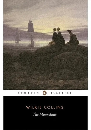 Book cover of 'The Moonstone' by Wilkie Collins featuring a black and white illustration of people on a beach.