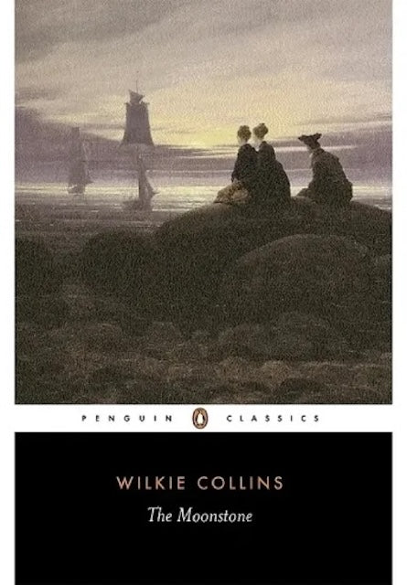 Book cover of 'The Moonstone' by Wilkie Collins featuring a black and white illustration of people on a beach.