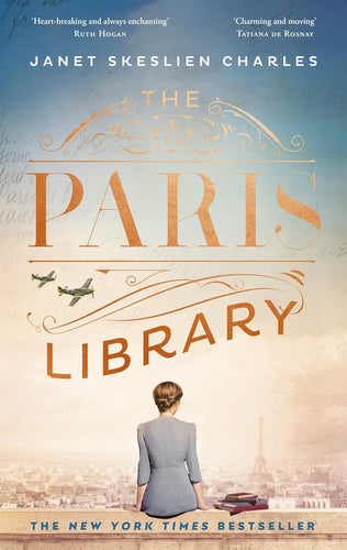Book cover of 'The Paris Library' by Janet Skeslien Charles with a woman looking at the Eiffel Tower.