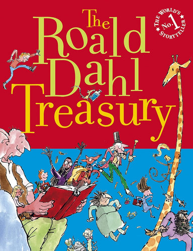 Book cover of 'The Roald Dahl Treasury' by Roald Dahl with colorful illustrations and a red background.