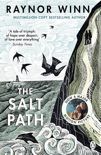 Book cover of 'The Salt Path' by Raynor Winn with illustrations of a lighthouse, birds, and two persons walking on a path.