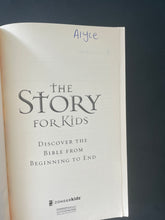 Load image into Gallery viewer, The Story for Kids by ZonderKidz: photo of the first page which shows the name: AIYCE written out in blue pen at the top of the page.
