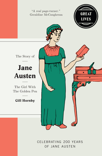 Book cover of 'The Story of Jane Austen' by Gill Hornby, featuring an illustration of a woman in a green dress holding a book.