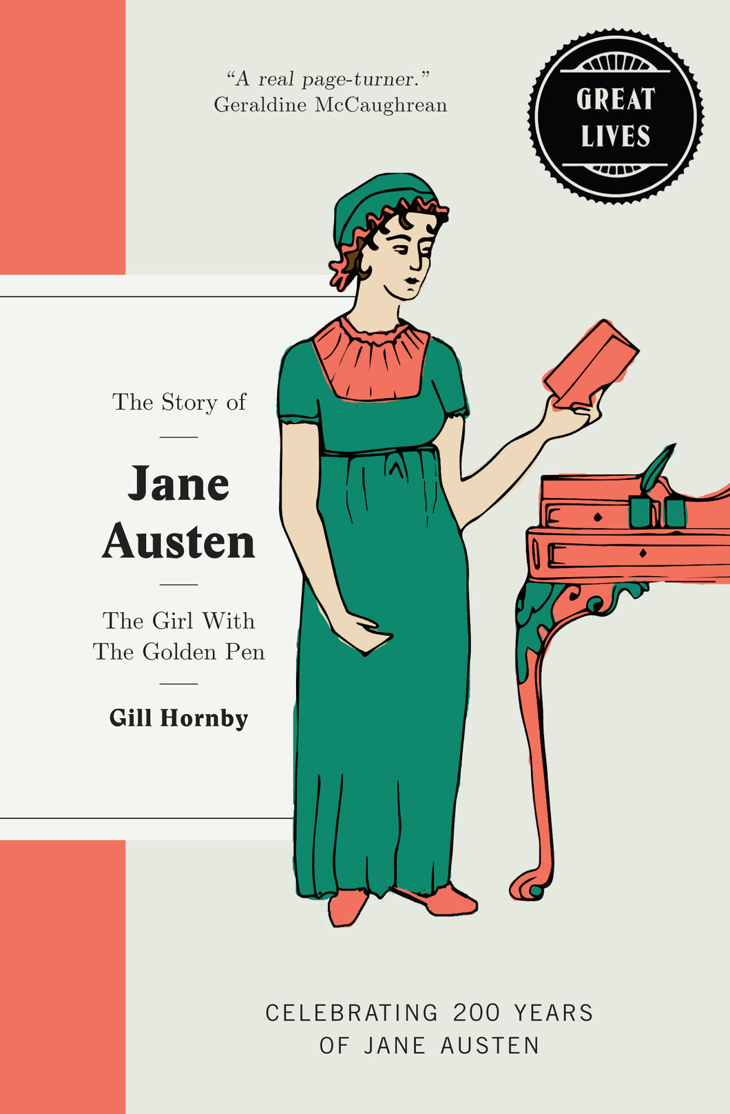 Book cover of 'The Story of Jane Austen' by Gill Hornby, featuring an illustration of a woman in a green dress holding a book.