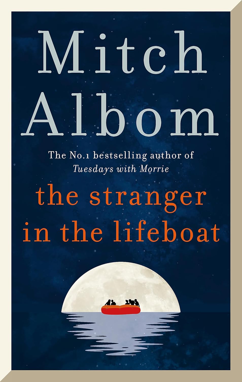 Book cover of 'The Stranger in the Lifeboat' by Mitch Albom with a lifeboat and moon illustration.