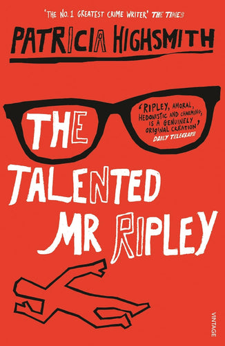 Book cover of 'The Talented Mr Ripley' by Patricia Highsmith with a red background, black glasses, and white text.