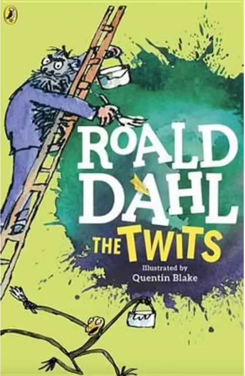 Book cover of 'The Twits' by Roald Dahl with illustration of a character on a ladder.