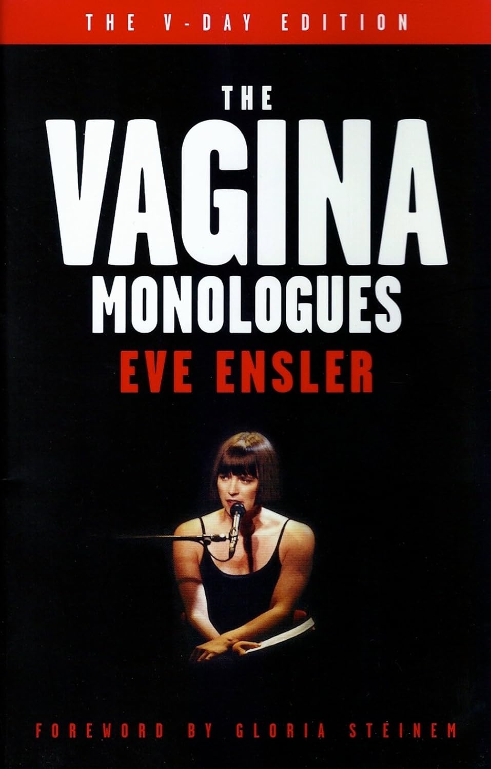 Book cover of 'The Vagina Monologues' by Eve Ensler with a black background and red accents.