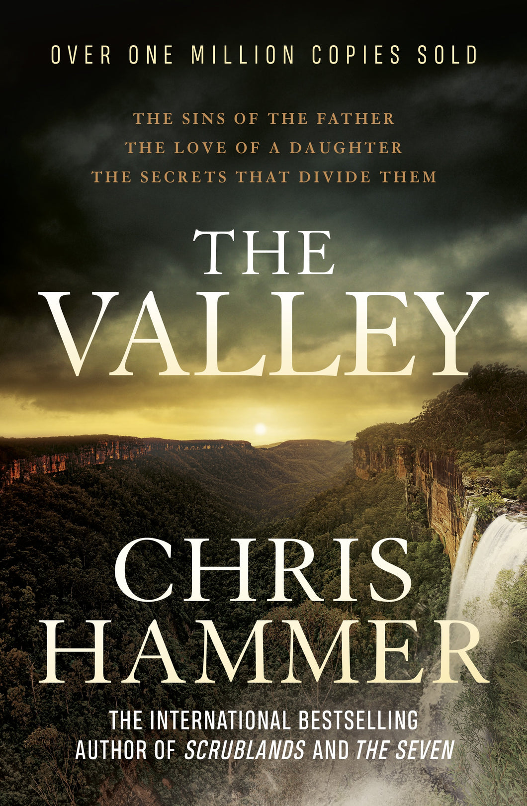 Book cover of 'The Valley' by Chris Hammer with a scenic view of a valley and waterfall.