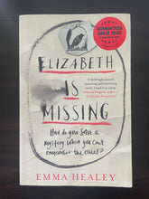 Load image into Gallery viewer, Elizabeth is Missing by Emma Healy book: photo of front cover, which shows very minor scuff marks along the edges, and creasing that runs the length of the cover, parallel to the spine.
