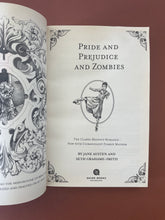 Load image into Gallery viewer, Pride and Prejudice and Zombies by Jane Austen &amp; Seth Grahame-Smith: photo of the title page which is crinkled and wavy. Most of the pages in the book are wrinkled and wavy to an extent, the worst of which is this page.
