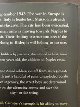 Load image into Gallery viewer, Street Boys by Lorenzo Carcaterra book: photo of minor scuff mark on the top-right corner of the back cover. There is also a very minor scuff mark visible between the first and second paragraphs of text.
